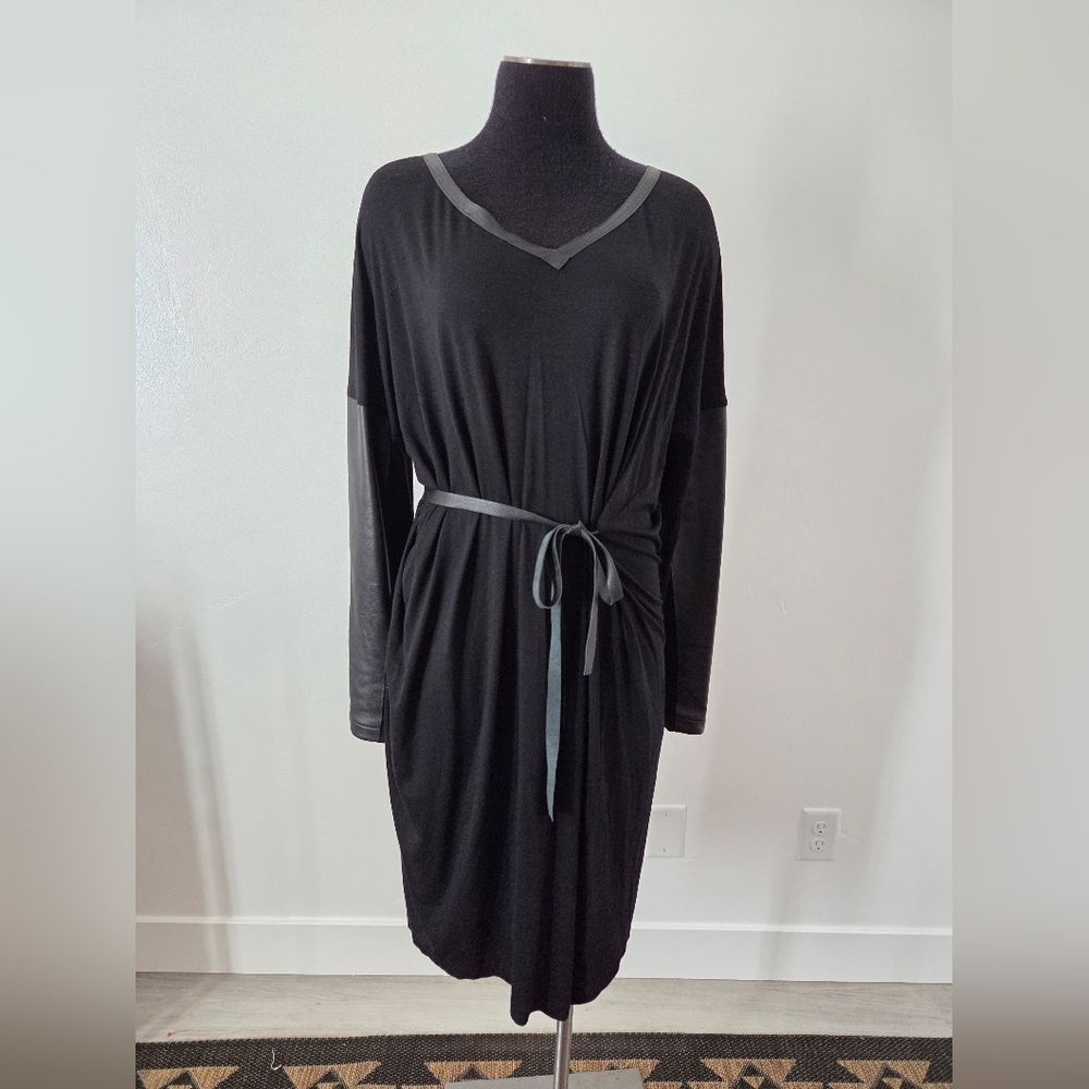 Elaine Kim Jersey Tunic Dress Leather Trim Black Lagenlook Minimalist Gothic L